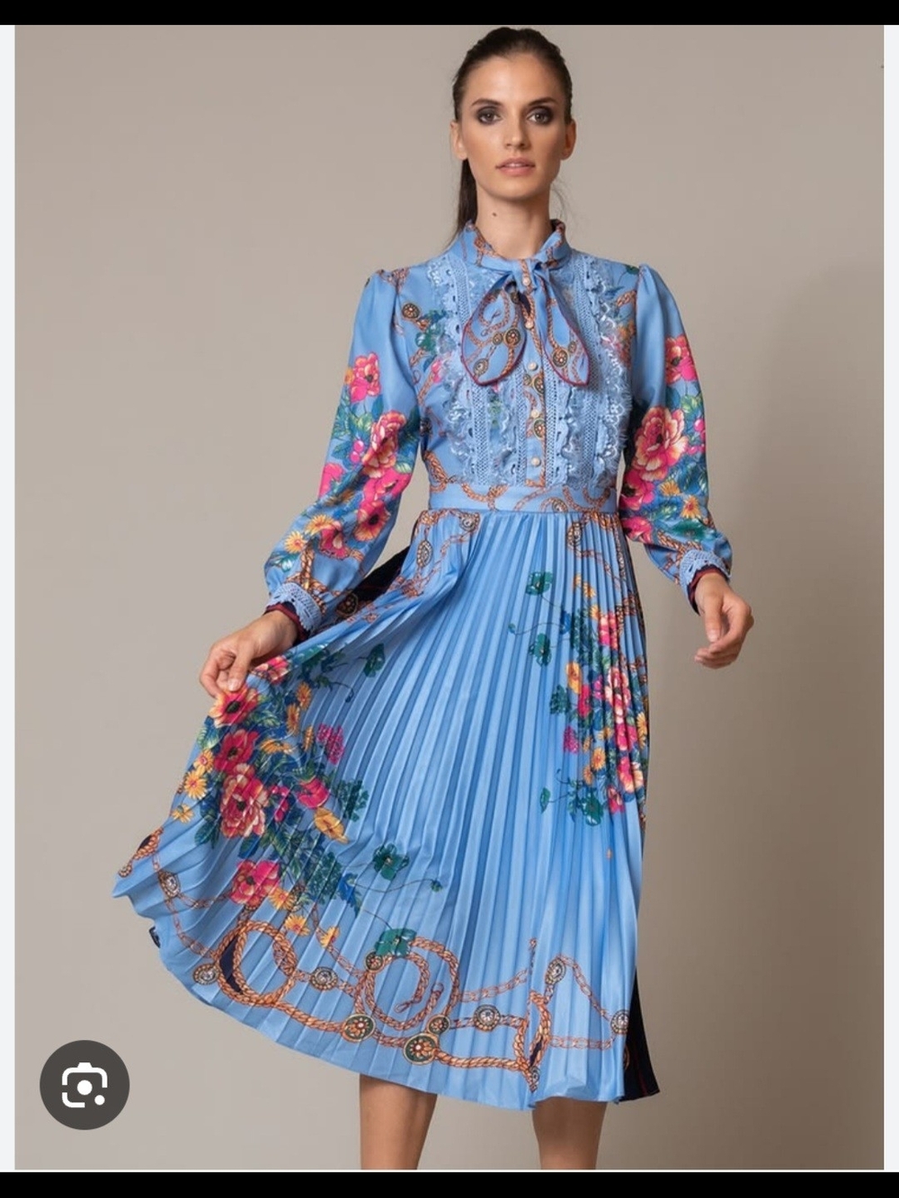 Blue Floral Pleated Midi Dress with Tie-Neck